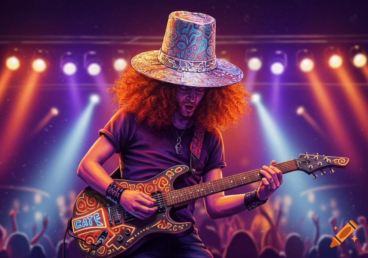 A man with wild red hair and a patterned top hat plays an electric guitar on a brightly lit concert stage.