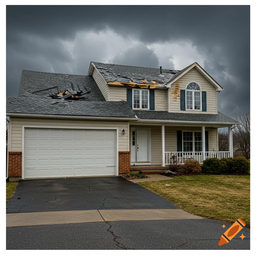 A two-story house with a severely damaged roof and siding under a dark, cloudy, stormy sky.
