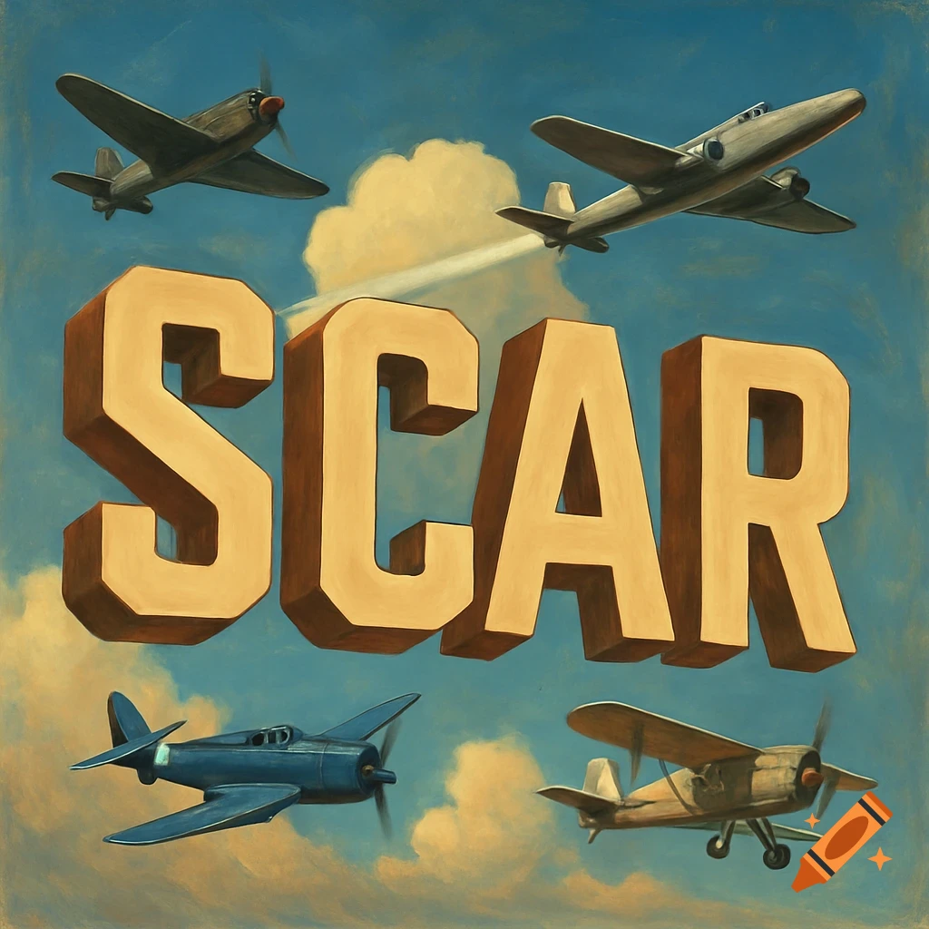 3D block letters spelling 'SCAR' float in a blue sky with four vintage airplanes flying around them, in a painterly style.