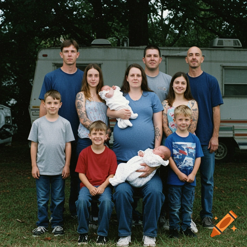 A large family with infants poses outdoors in front of a trailer in a 1990s photo.