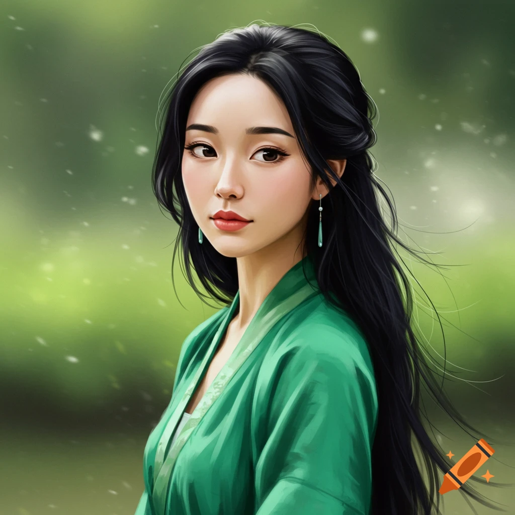 A beautiful young woman with long dark hair and red lips wears a green traditional dress, looking directly at the viewer against a blurry green background.
