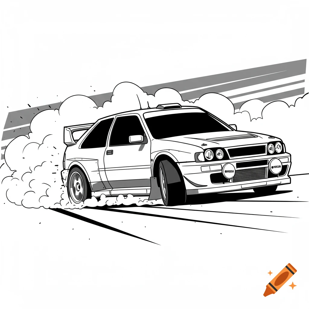 Black and white line drawing of a rally car drifting.