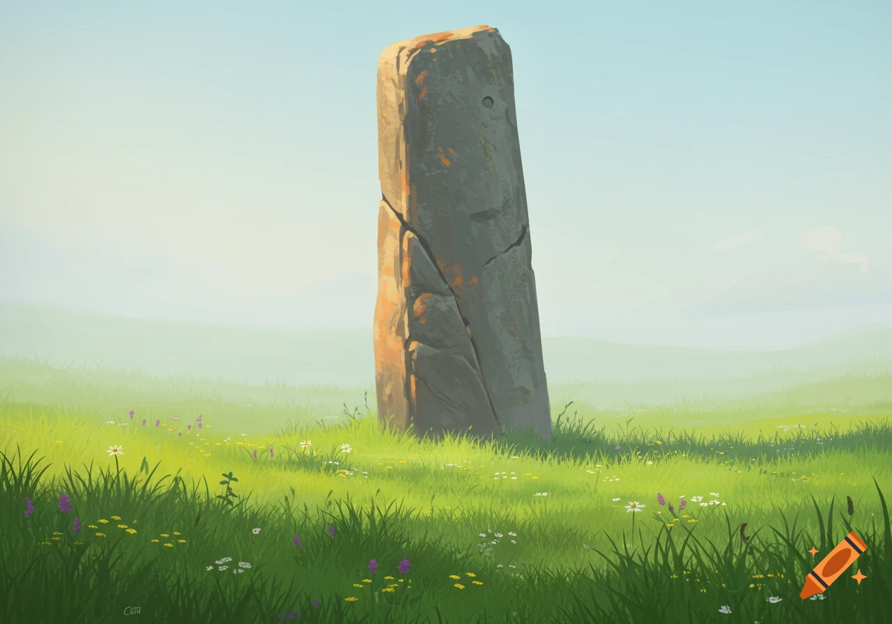 A tall, rough-hewn stone monolith stands in a vibrant green field filled with small flowers under a soft blue sky. Digital painting.