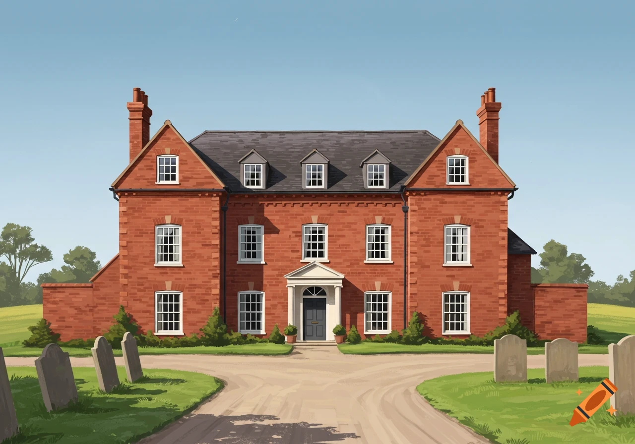 A red brick Georgian country house with a circular drive and graveyard in front.