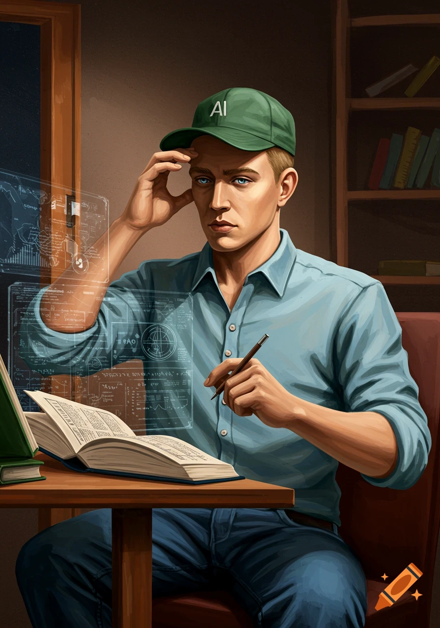 Digital painting of a man in a green AI cap, blue shirt, and jeans, studying with a book at a desk, surrounded by holographic data screens.