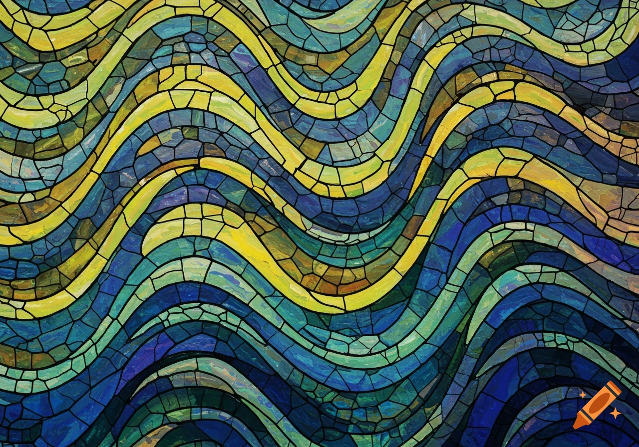 Abstract mosaic pattern with wavy lines in shades of blue, green, and yellow.