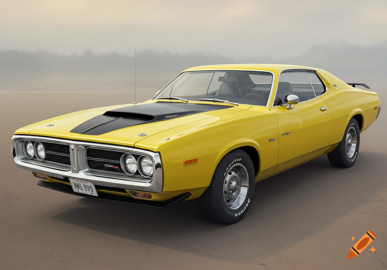 A bright yellow 1971 Dodge Charger Super Bee with a black hood scoop parked on a sandy plain under a hazy sky.