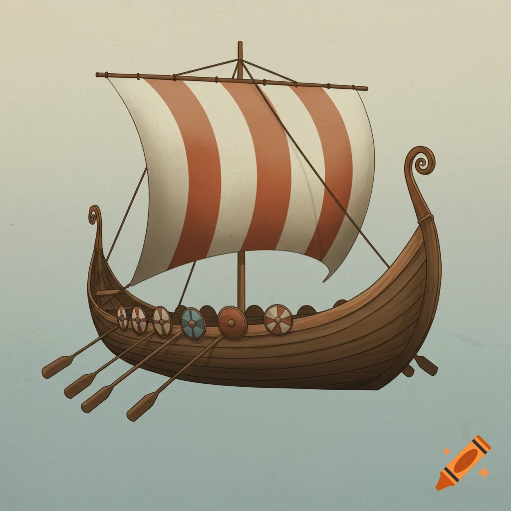 A stylized brown Viking longship with a red and white striped sail, shields, and oars, set against a light background.