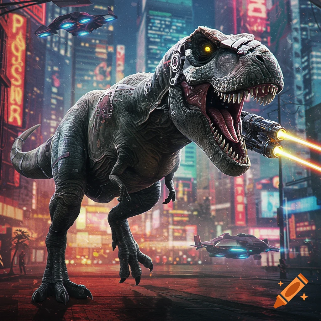 A bionic T-Rex with laser cannons stands in a vibrant, neon-lit cyberpunk city with flying vehicles.