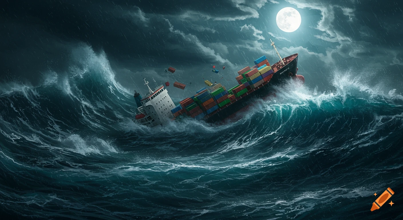 A container ship struggles through enormous waves in a stormy moonlit ocean, with cargo spilling into the water.