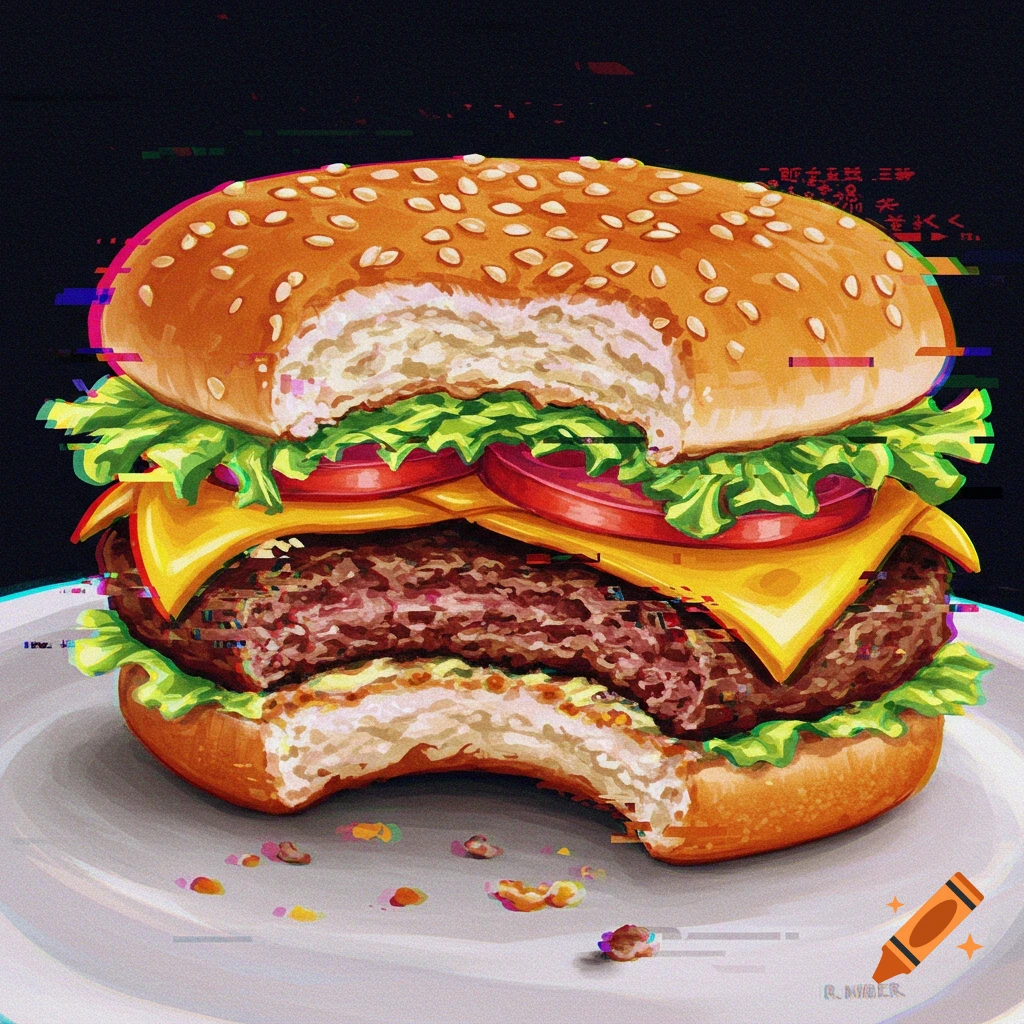 An illustration of a half-eaten burger on a plate with digital glitch effects and a dark background.