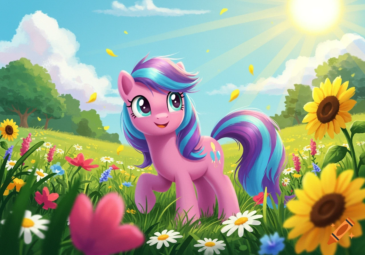 A pink My Little Pony character with blue and purple mane smiles in a  vibrant green field with colorful flowers and sunflowers under a bright  blue sky. on Craiyon, image size:1280x896