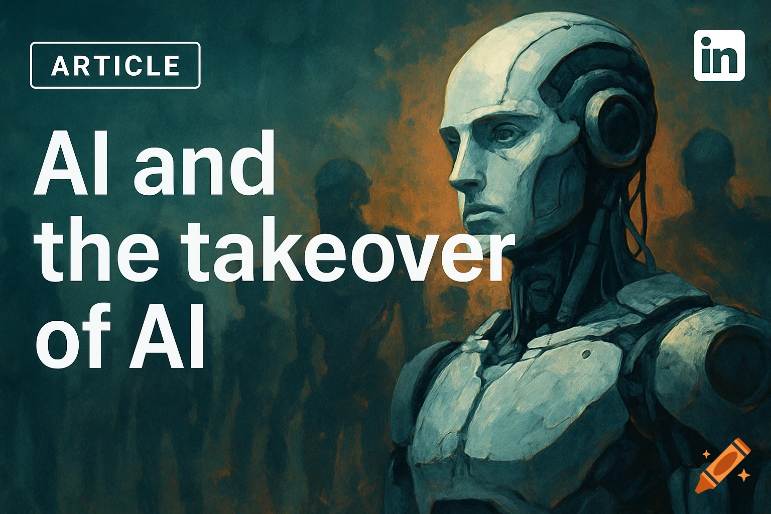 Digital painting of a humanoid robot bust with a metallic head and exposed wires, looking right. Text reads "ARTICLE AI and the takeover of AI" with a LinkedIn logo on a textured teal and orange background.