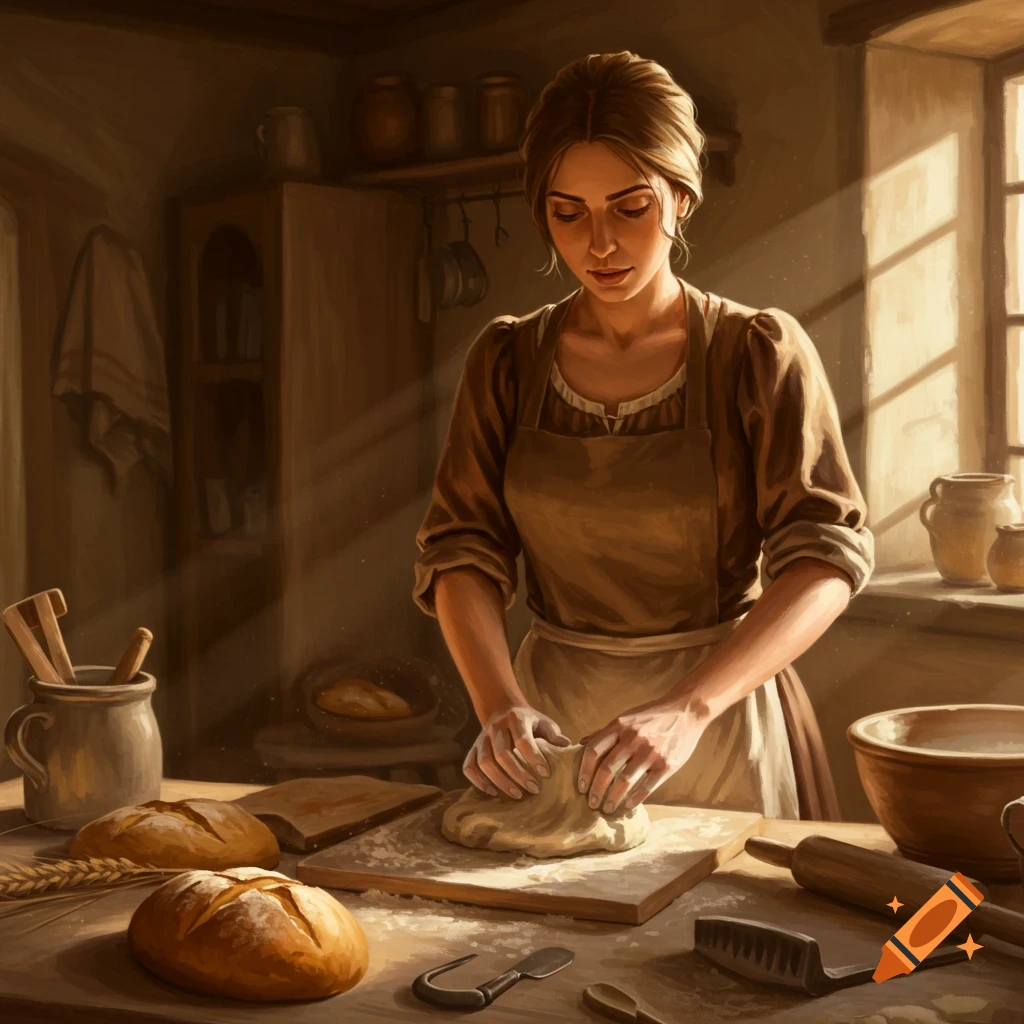 A woman kneads dough on a wooden board in a rustic kitchen, with loaves of bread and baking tools nearby, illuminated by warm sunlight.