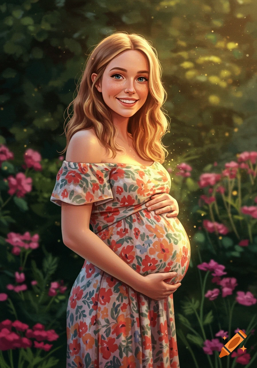 A smiling pregnant woman in a floral dress holds her belly in a lush garden, digital illustration.