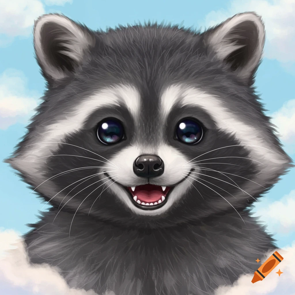 Close up of a cute smiling raccoon face with big eyes and fluffy fur against a blue sky.