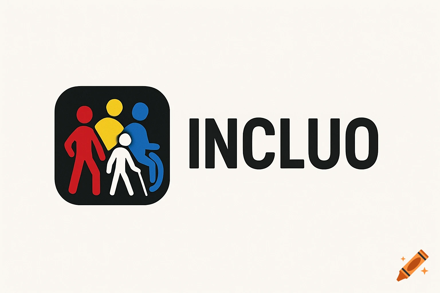 Logo for Incluo featuring stick figures representing diversity and disability, in red, yellow, blue, and white on a black square icon, next to the text "INCLUO".