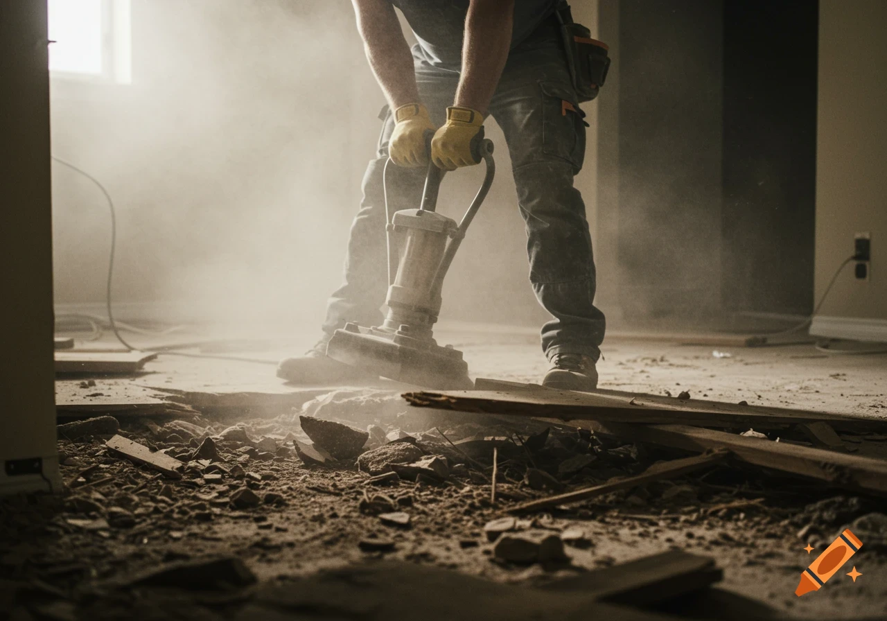 Worker using a jackhammer to break a floor, stirring up dust in a room.