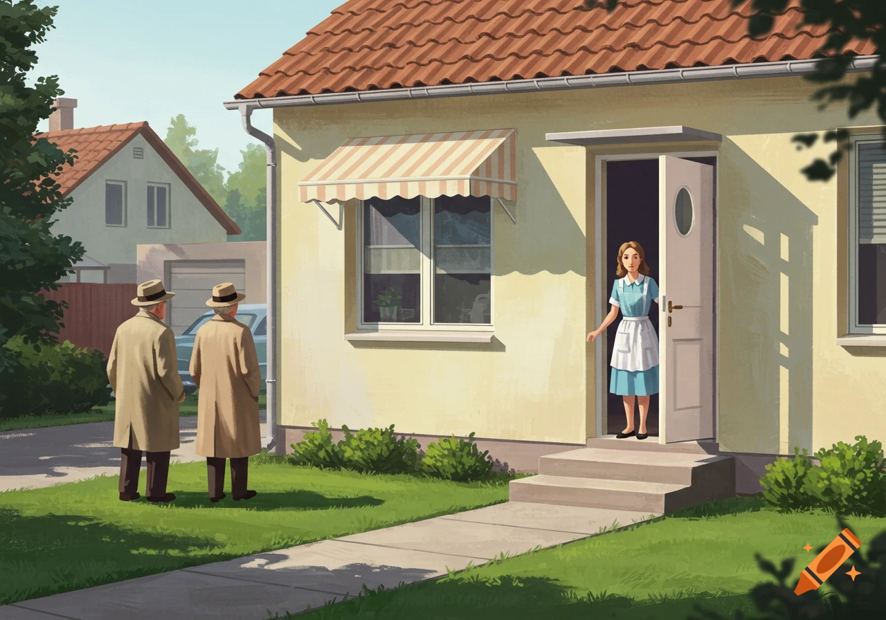 Illustration of two men in coats approaching a house where a woman stands in the doorway.