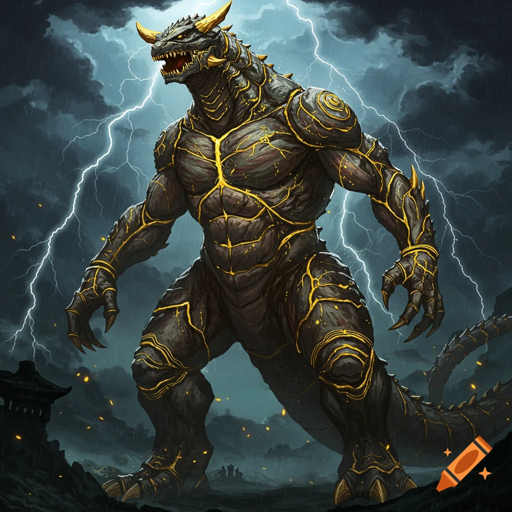 A massive, dark kaiju with glowing gold kintsugi-style cracks stands powerfully under a stormy sky with lightning, a pagoda in the background.