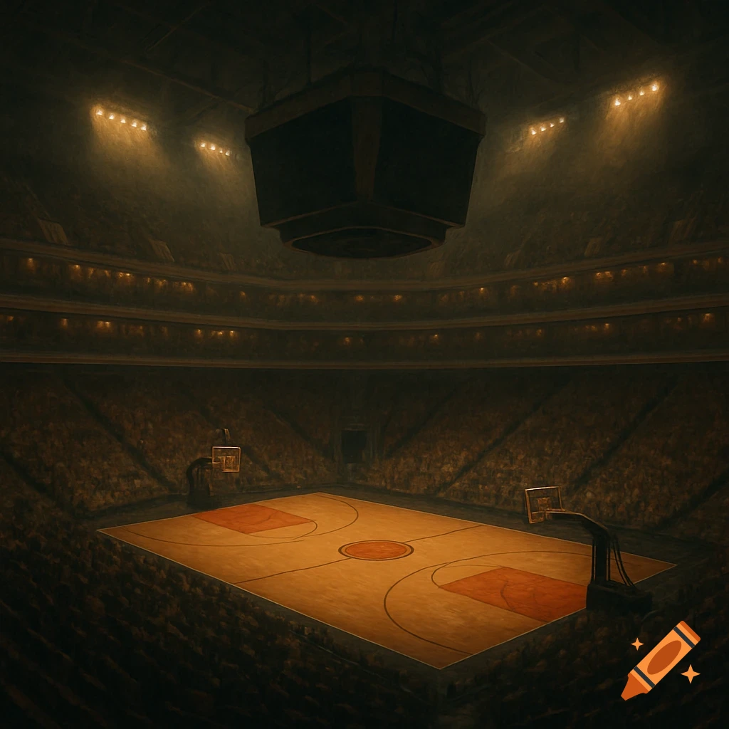 An elevated view of a basketball court lit by spotlights inside a large, dark arena with tiered seating.