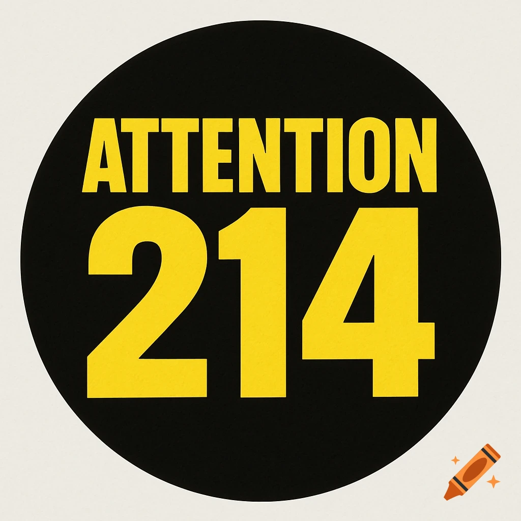 Black circular logo with bold yellow text 'ATTENTION 214' in the center.