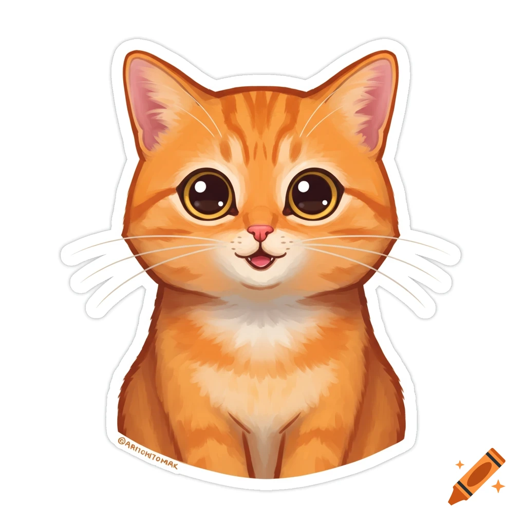A cute, cartoon-style orange tabby cat with large eyes and a happy expression, rendered as a sticker with a white outline.