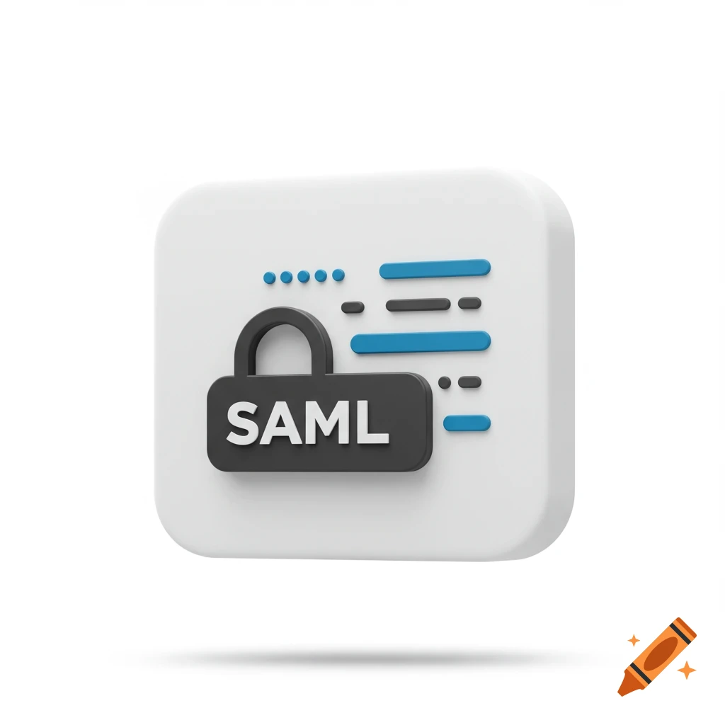 A 3D icon of a black padlock with 'SAML' on a white rounded square with blue and grey lines.