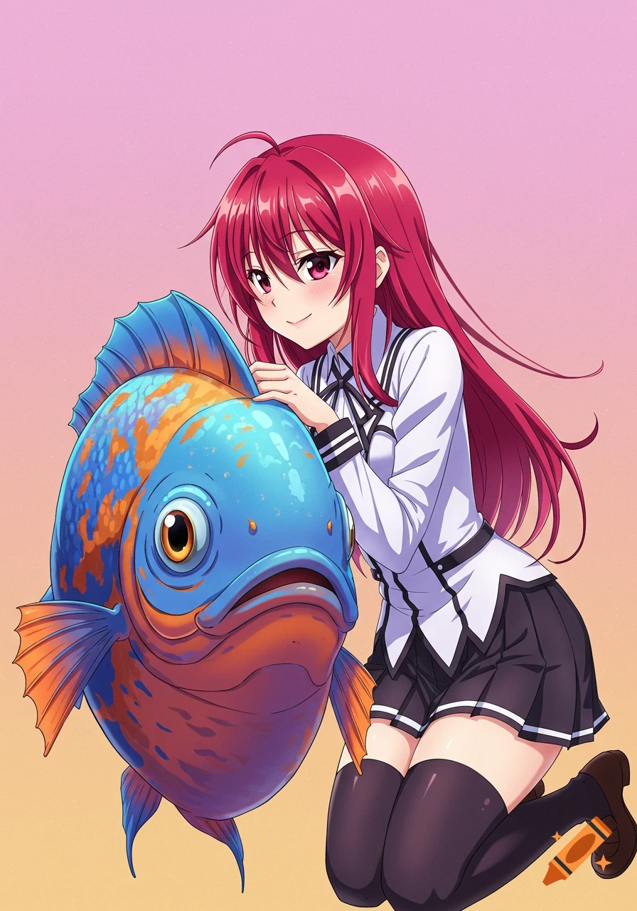 Anime character with red hair smiles while touching a large blue and orange fish.
