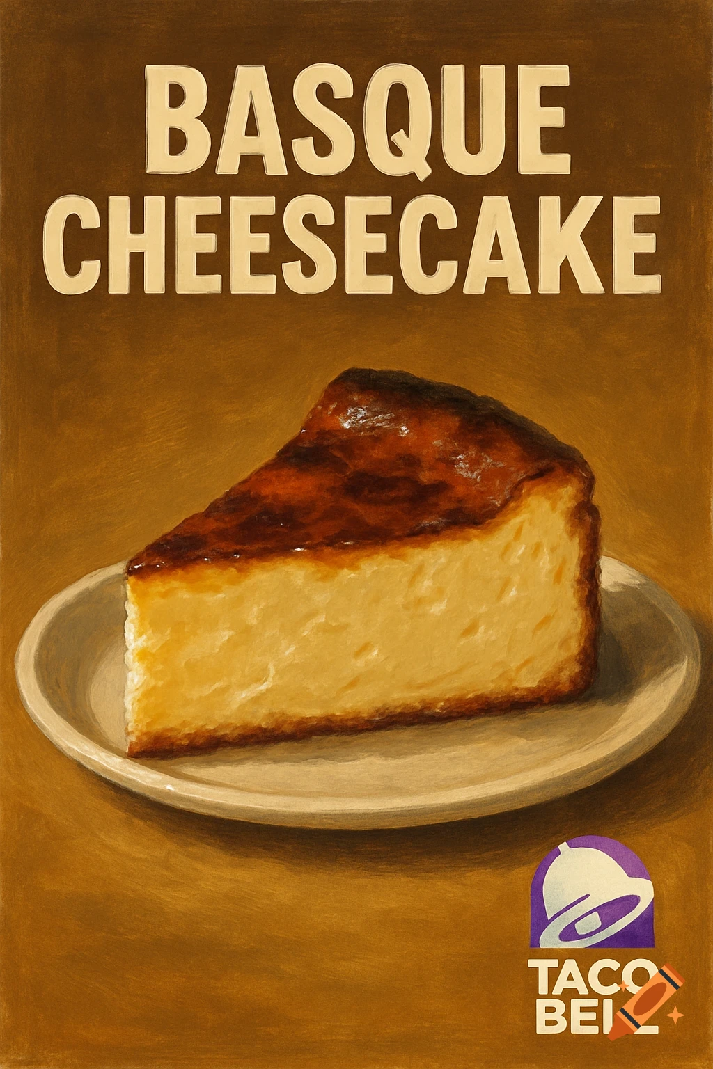 A slice of Basque cheesecake on a plate, with 'Basque Cheesecake' text above and a 'Taco Bell' logo below.