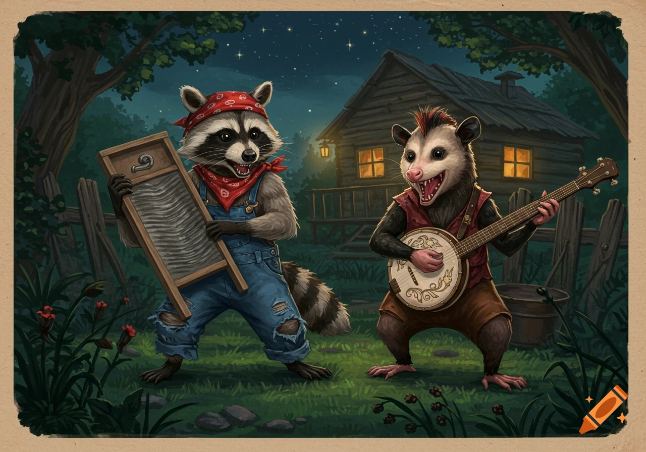An illustration of an anthropomorphic raccoon playing a washboard and a possum playing a banjo at night in front of a rustic cabin.
