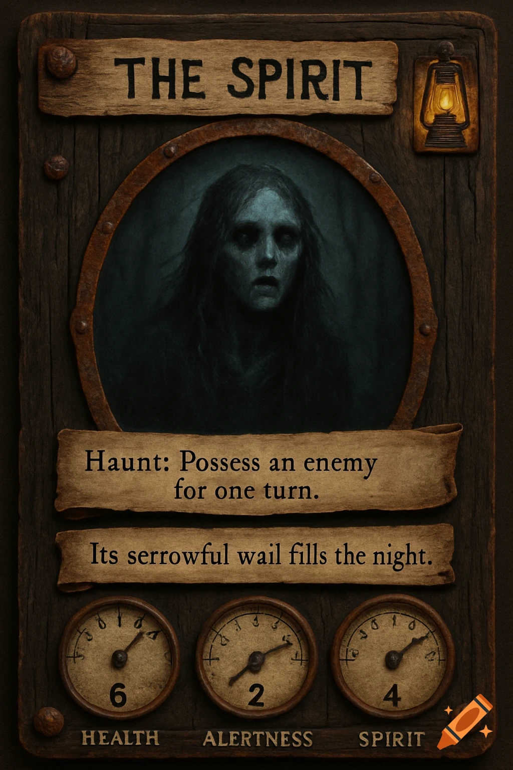 A dark, horror-themed collectible card features a ghostly figure, wooden textures, rusty metal, and text like 'THE SPIRIT' and 'Haunt: Possess an enemy'.