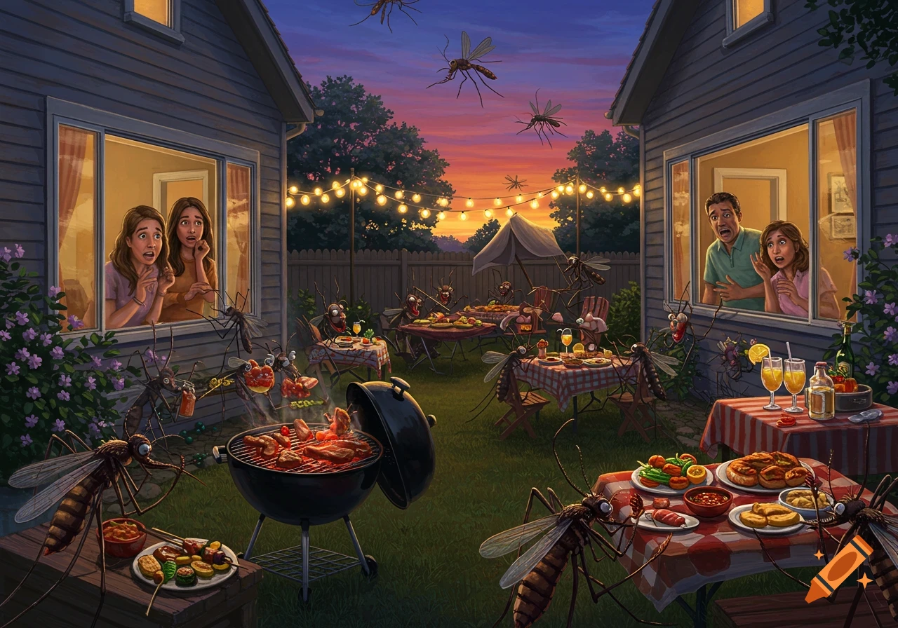 A humorous illustration shows giant mosquitos enjoying an outdoor BBQ in a backyard at sunset while a scared family watches from inside a house.