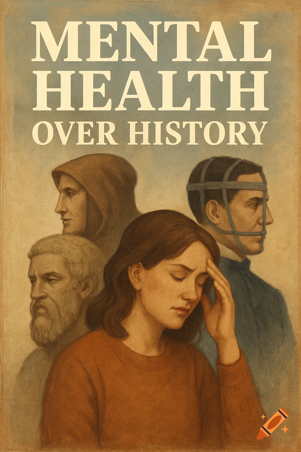 Vintage illustration of a magazine cover 'Mental Health Over History' with historical figures and a distressed woman.