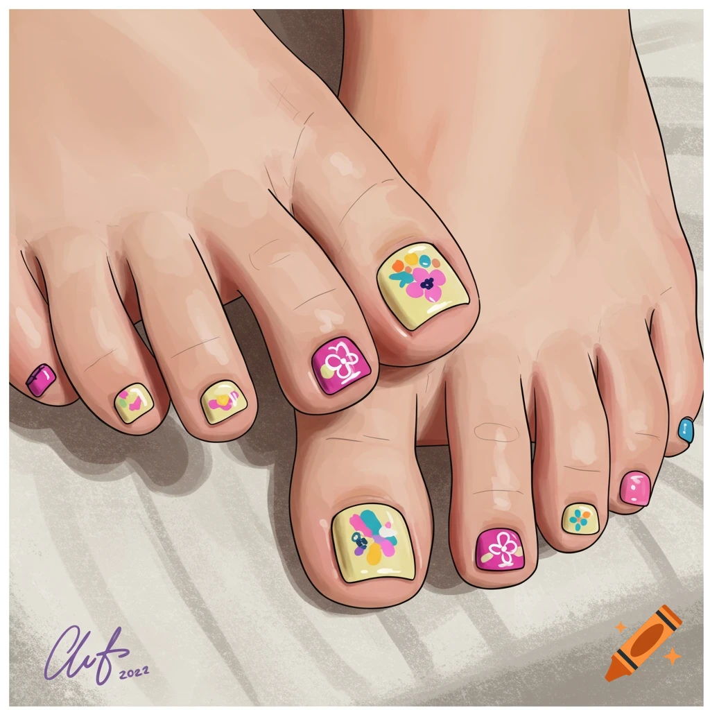 Close-up digital illustration of two feet with brightly painted toenails featuring colorful floral designs.