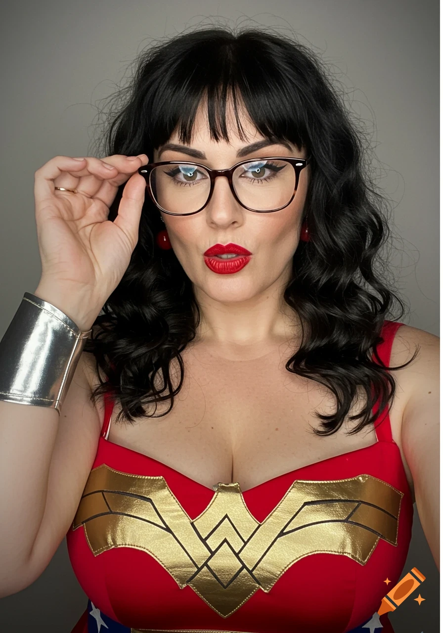 A woman in a Wonder Woman costume with dark hair, red lipstick, and glasses adjusts her spectacles with a cheeky expression.