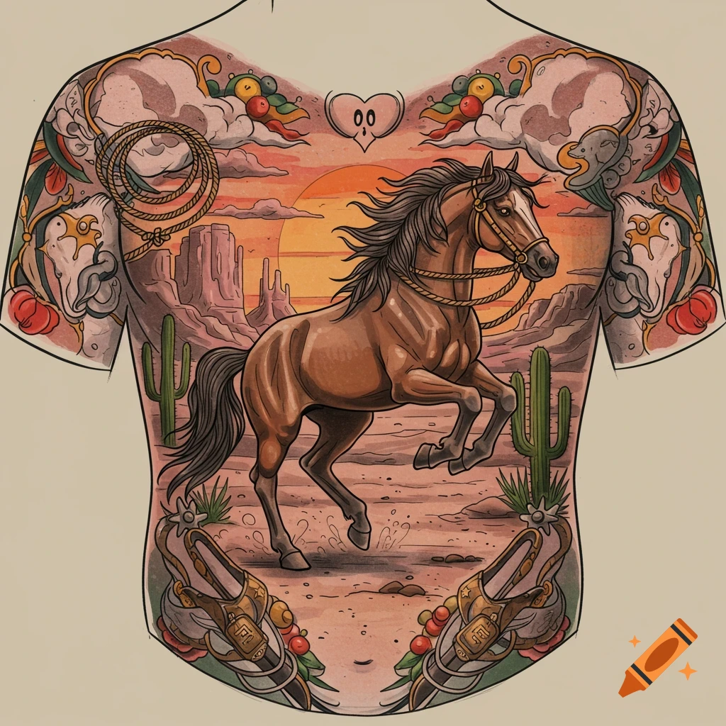 American traditional tattoo sketch of a horse in a western desert scene on a chest.