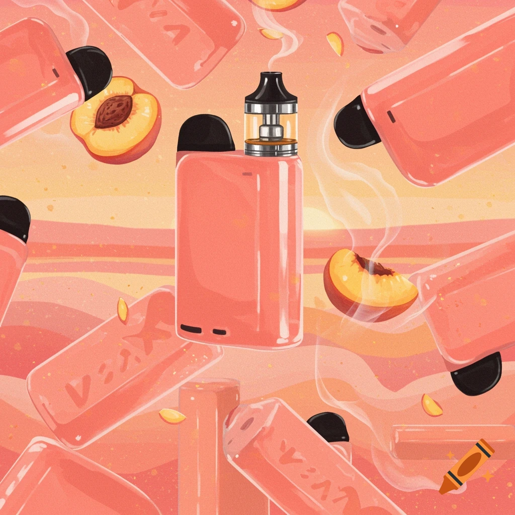 An illustration of a peach-flavored vape device surrounded by peaches and floating peach-colored disposable vapes.