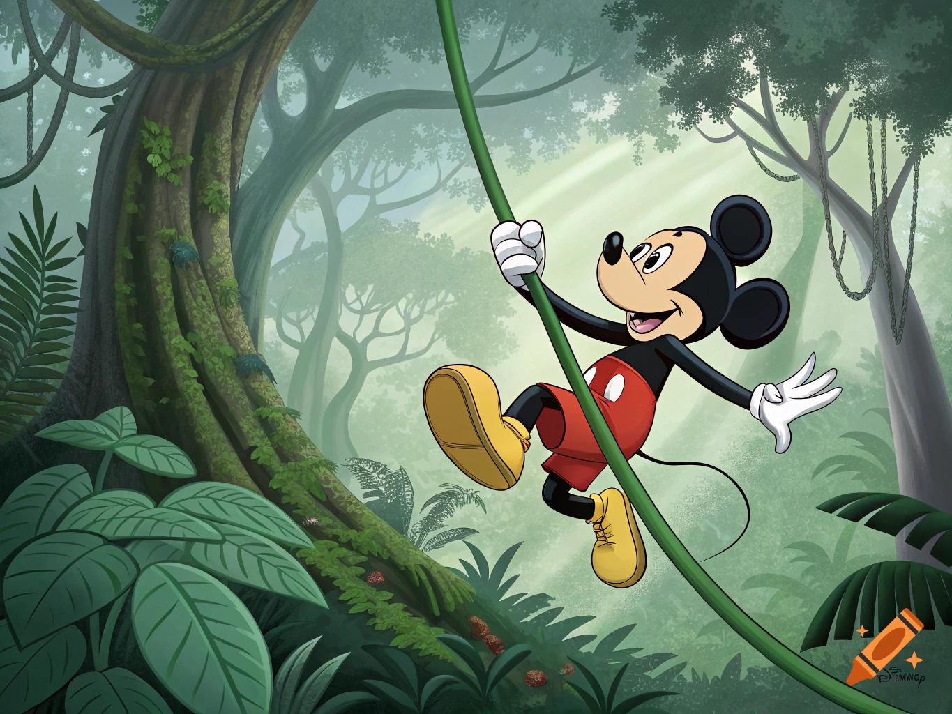 A cartoon image of Mickey Mouse swinging on a green liana vine through a sunlit jungle with large trees and lush foliage.