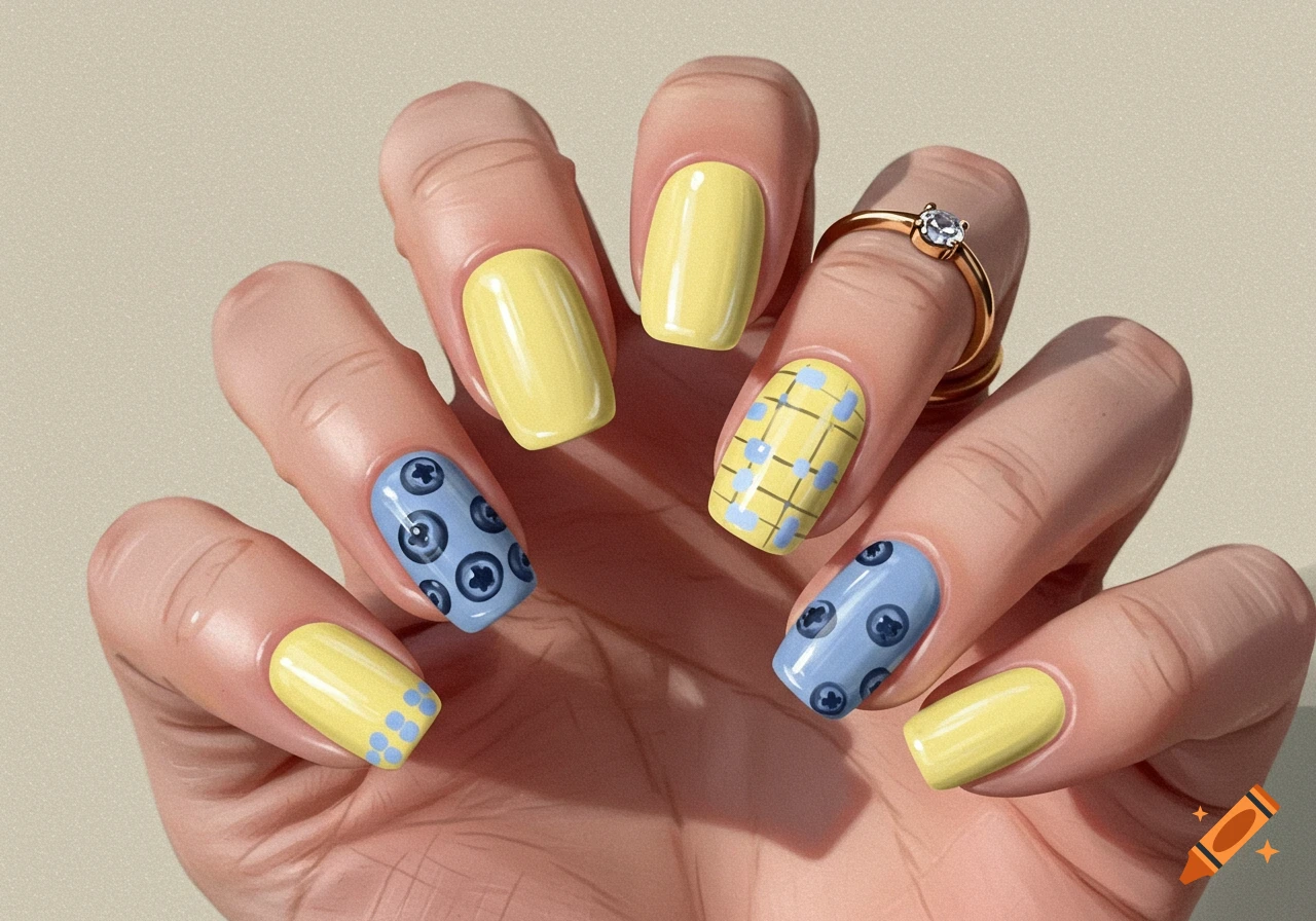Close-up of a hand with yellow and blue patterned nail art, featuring blueberries, dots, and a grid pattern.