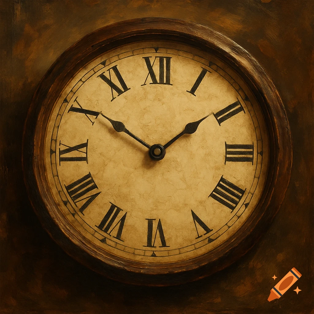 Close-up of an old-fashioned wall clock with Roman numerals on a textured, dark background. The clock face is light brown, with black numbers and hands.