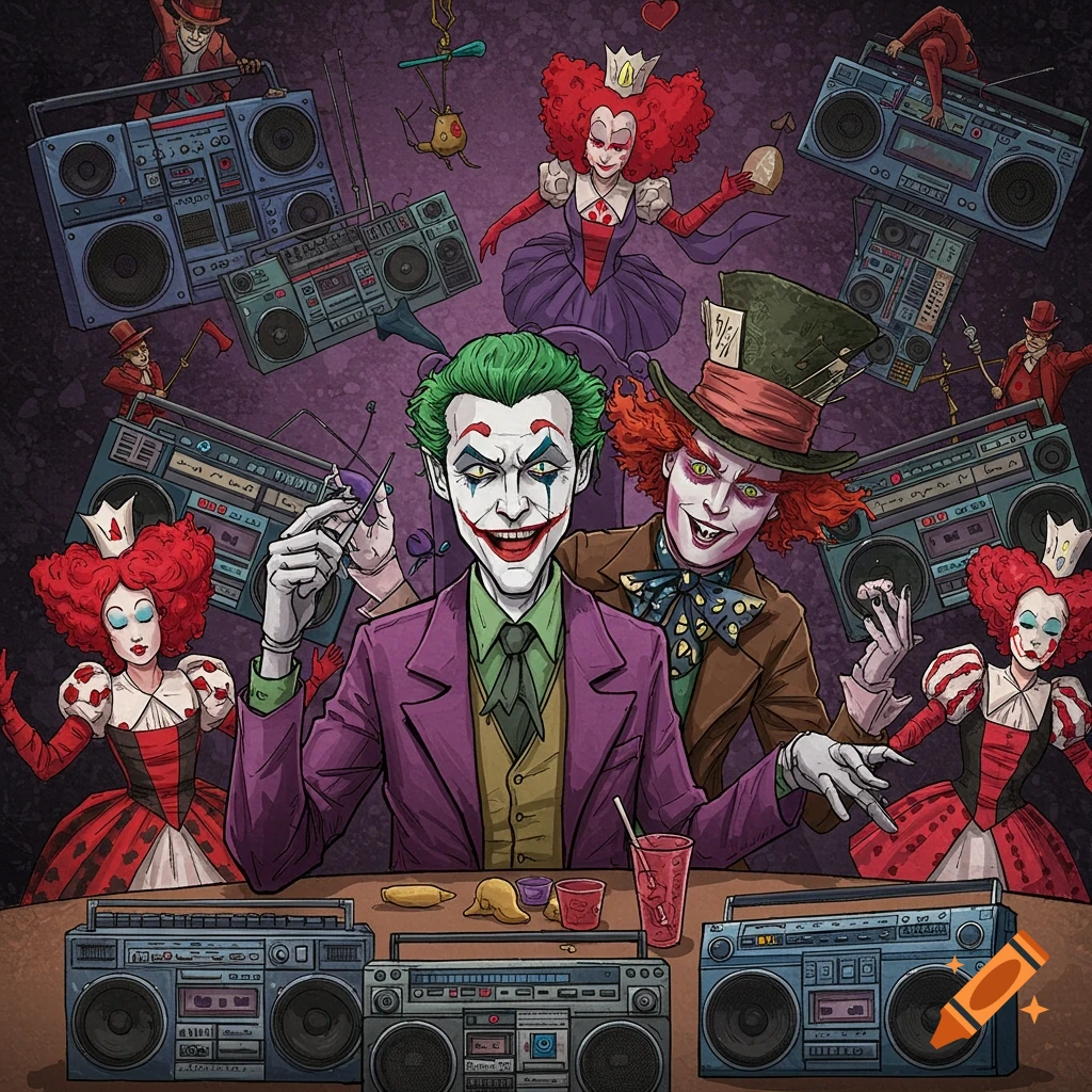 A stylized illustration of The Joker and the Mad Hatter sitting at a table surrounded by 1980s boomboxes, with the Red Queen's army dancing around them.