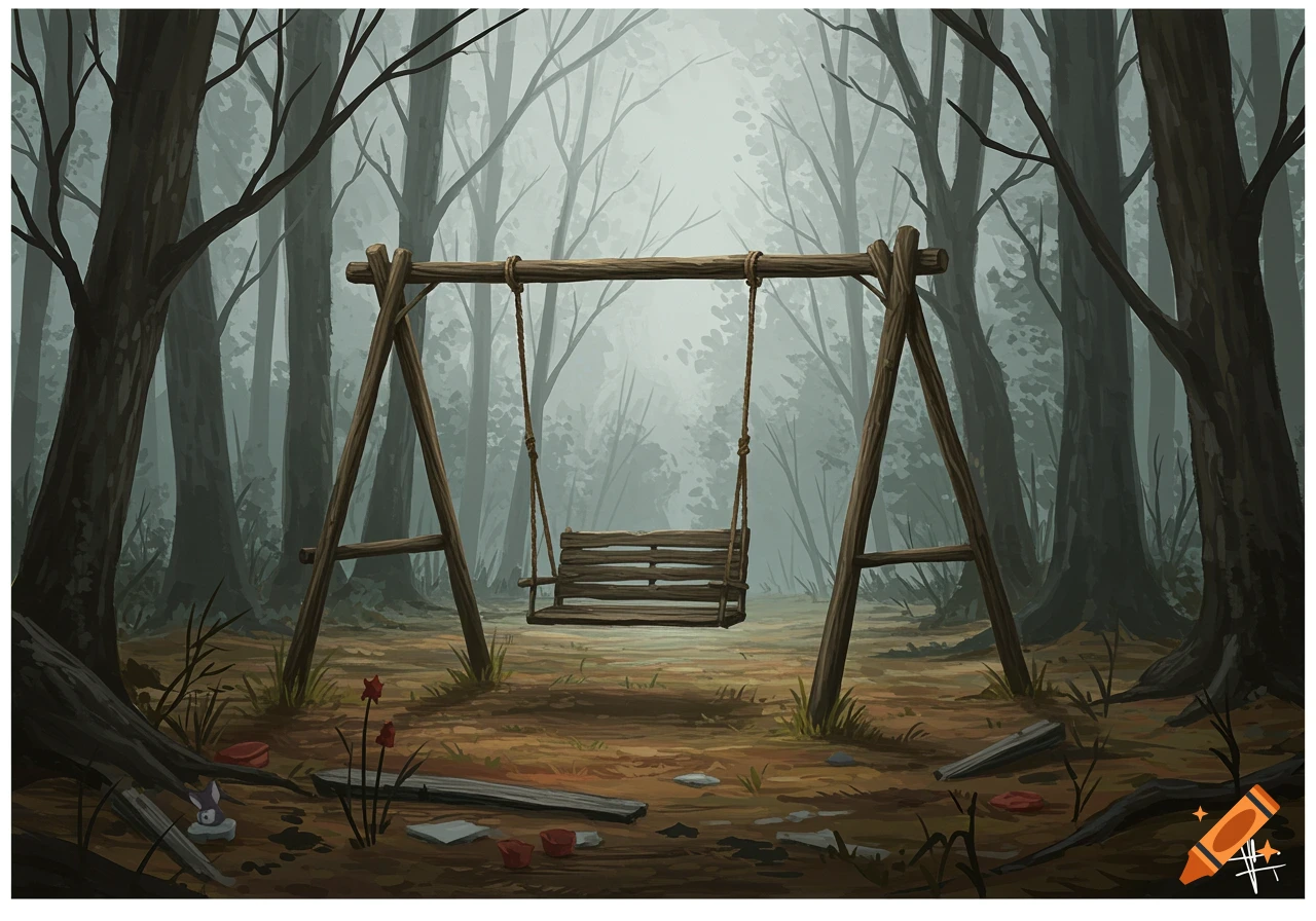 An illustrative scene of an old, abandoned wooden swingset in a desolate, misty forest with bare trees.