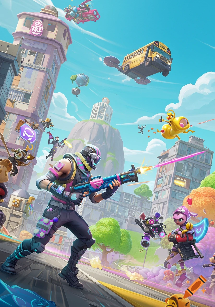 A colorful, stylized action scene in a city with characters in combat. A player in the foreground shoots a laser, while a flying school bus and other vehicles are in the sky.