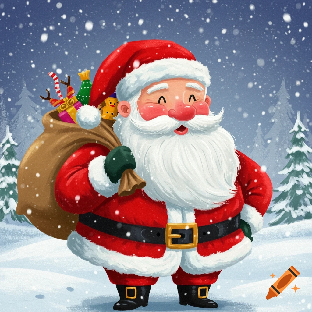 Cartoon illustration of Santa Claus standing in the snow with a sack of ...