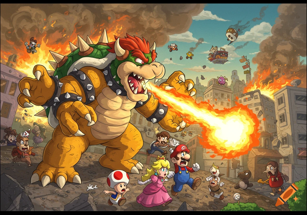 Bowser breathes fire destroying a city as Mario, Peach, Toad, and others flee in a cartoon style.