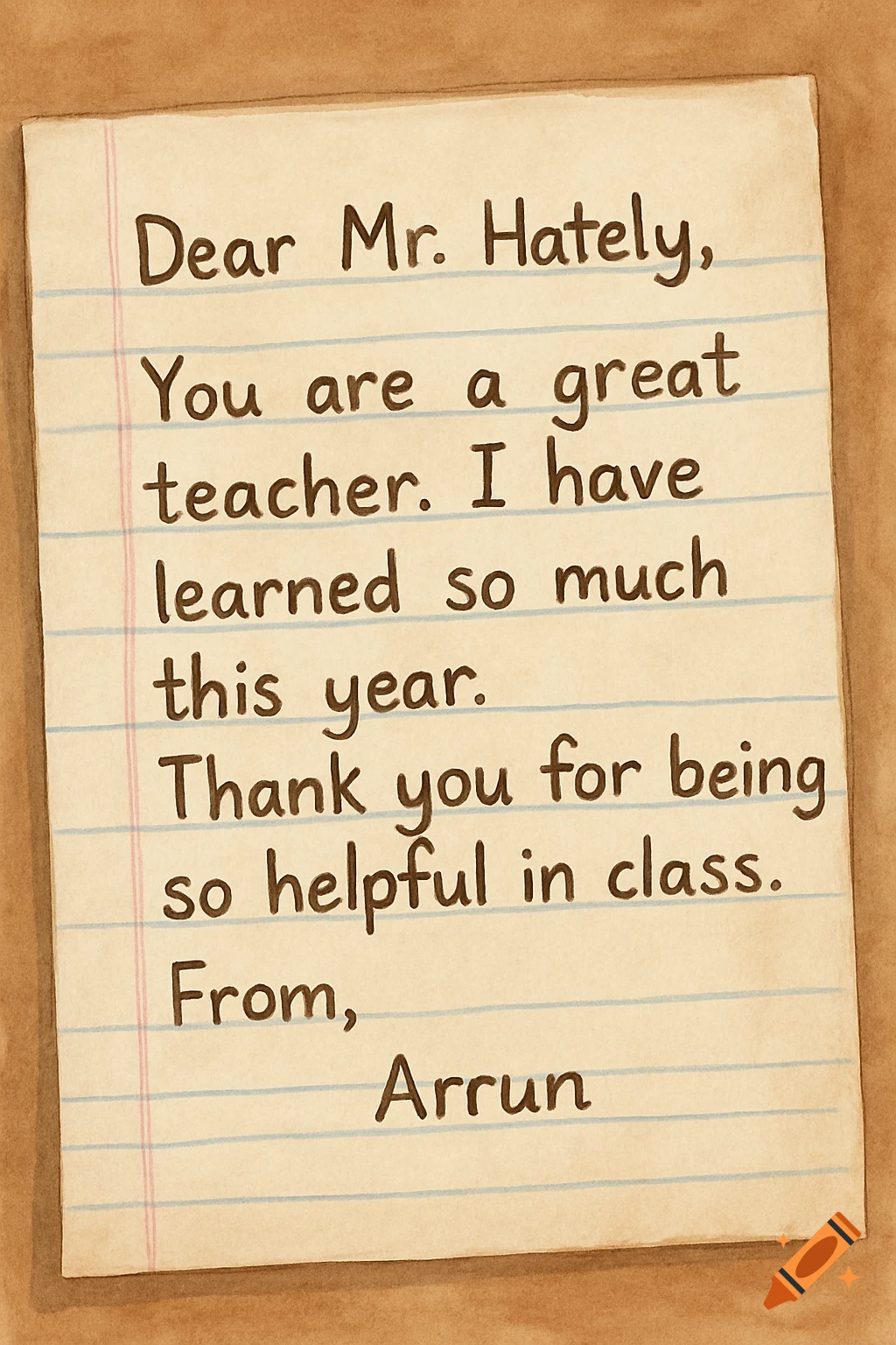Handwritten thank you letter from a student named Arrun to their teacher Mr. Hately, on lined paper.