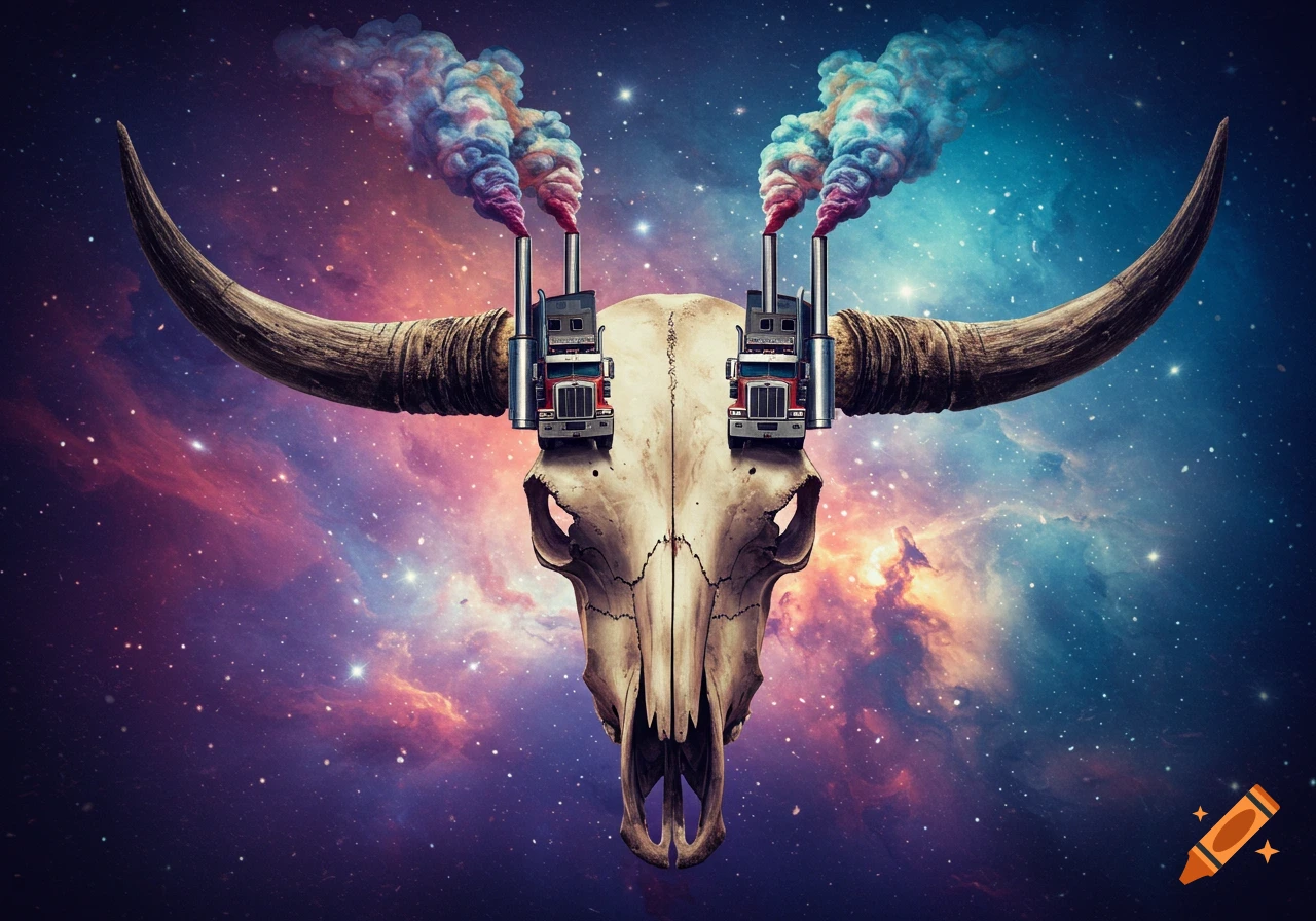 A bull skull with semi-trucks for smoke stacks against a colorful galaxy background.