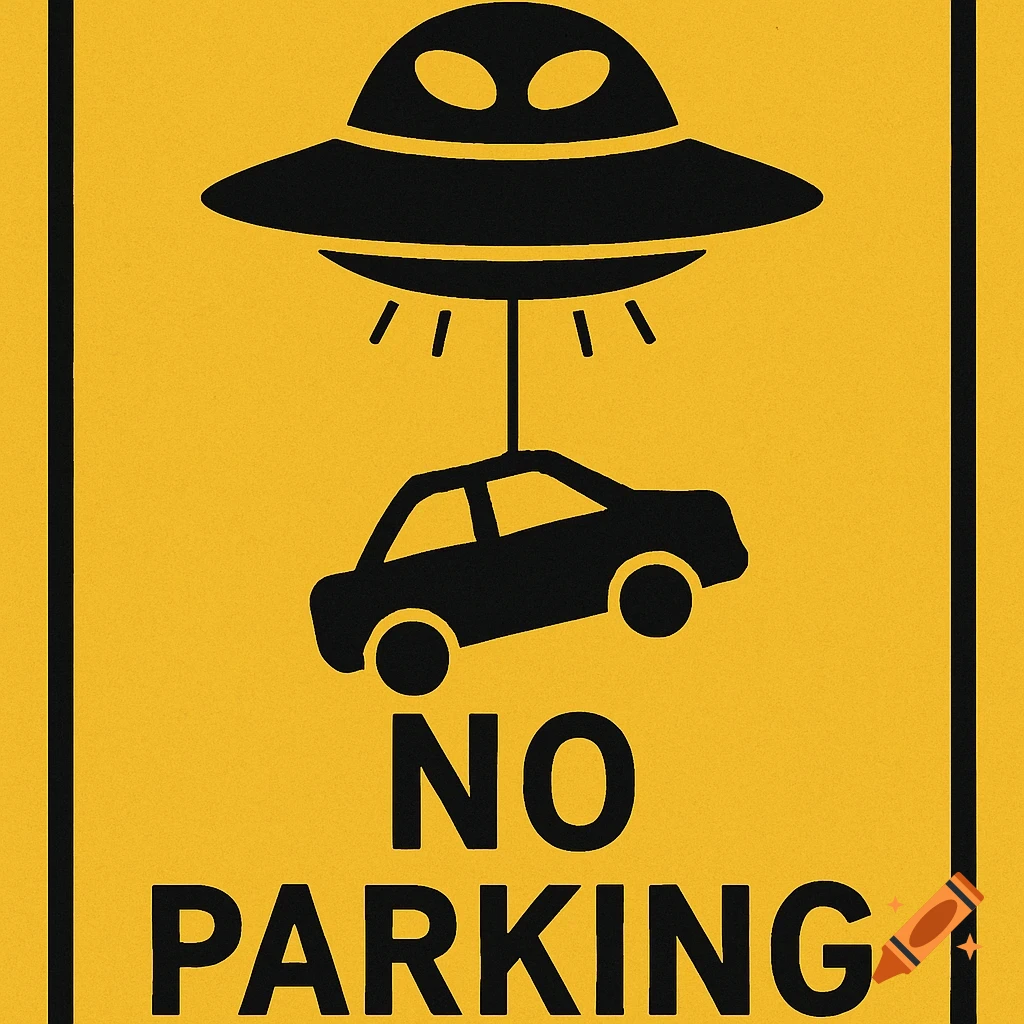 Yellow No Parking sign with a black illustration of a UFO abducting a car.