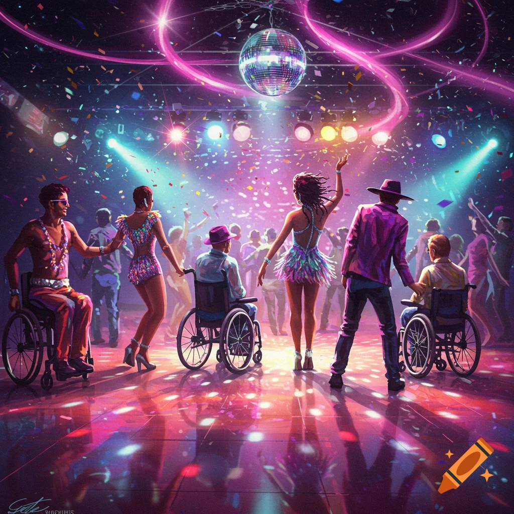 Vibrant digital art showing people dancing at a disco party, with confetti and neon lights. Some dancers are in wheelchairs.